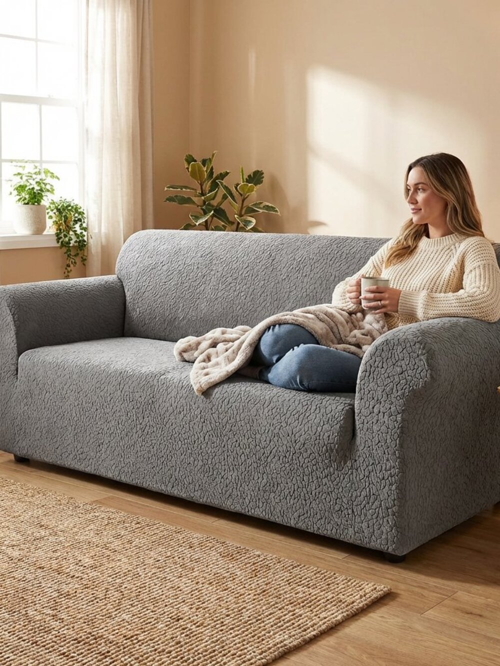 SURE Fit Stretch Delicate Leaf Sofa Cover in Grey